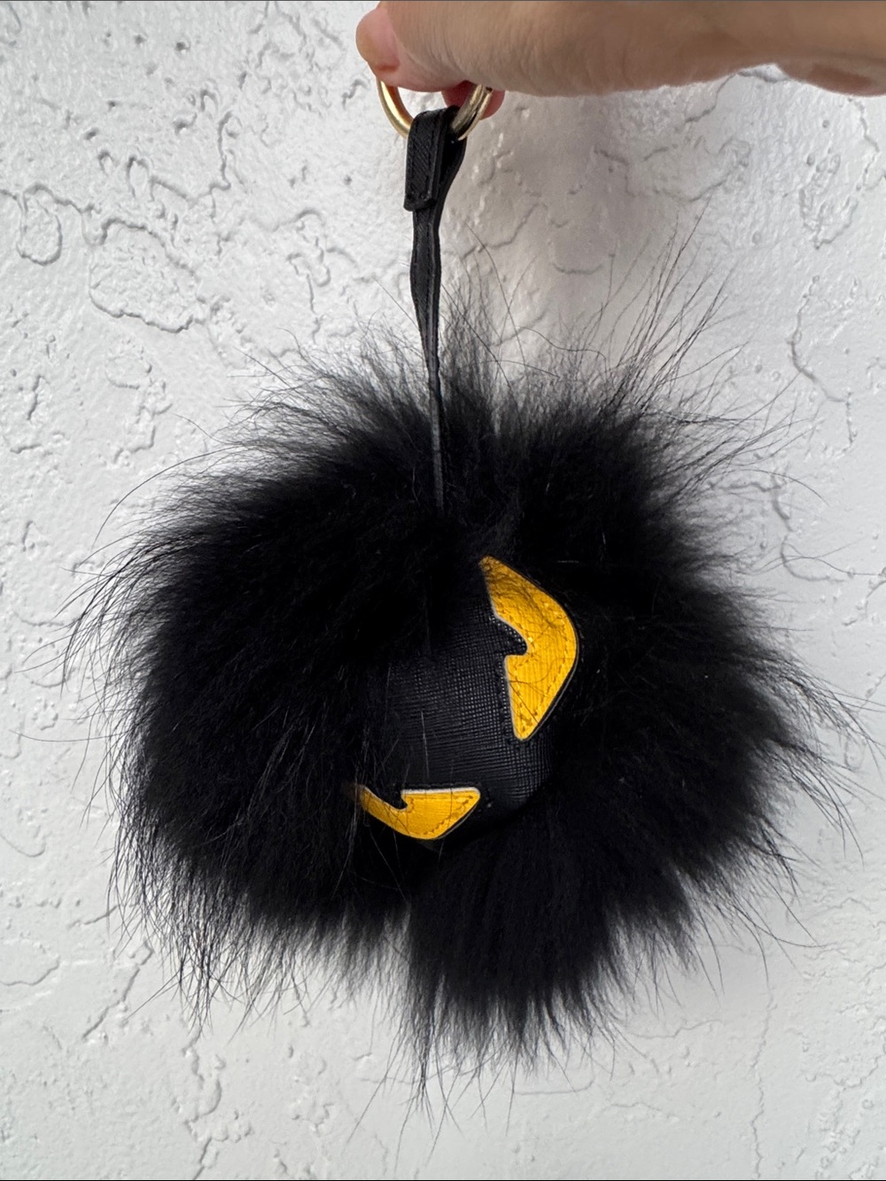 Genuine Fur Monster Bag Charm Keychain Black Yellow Eyes - Picture 2 of 7